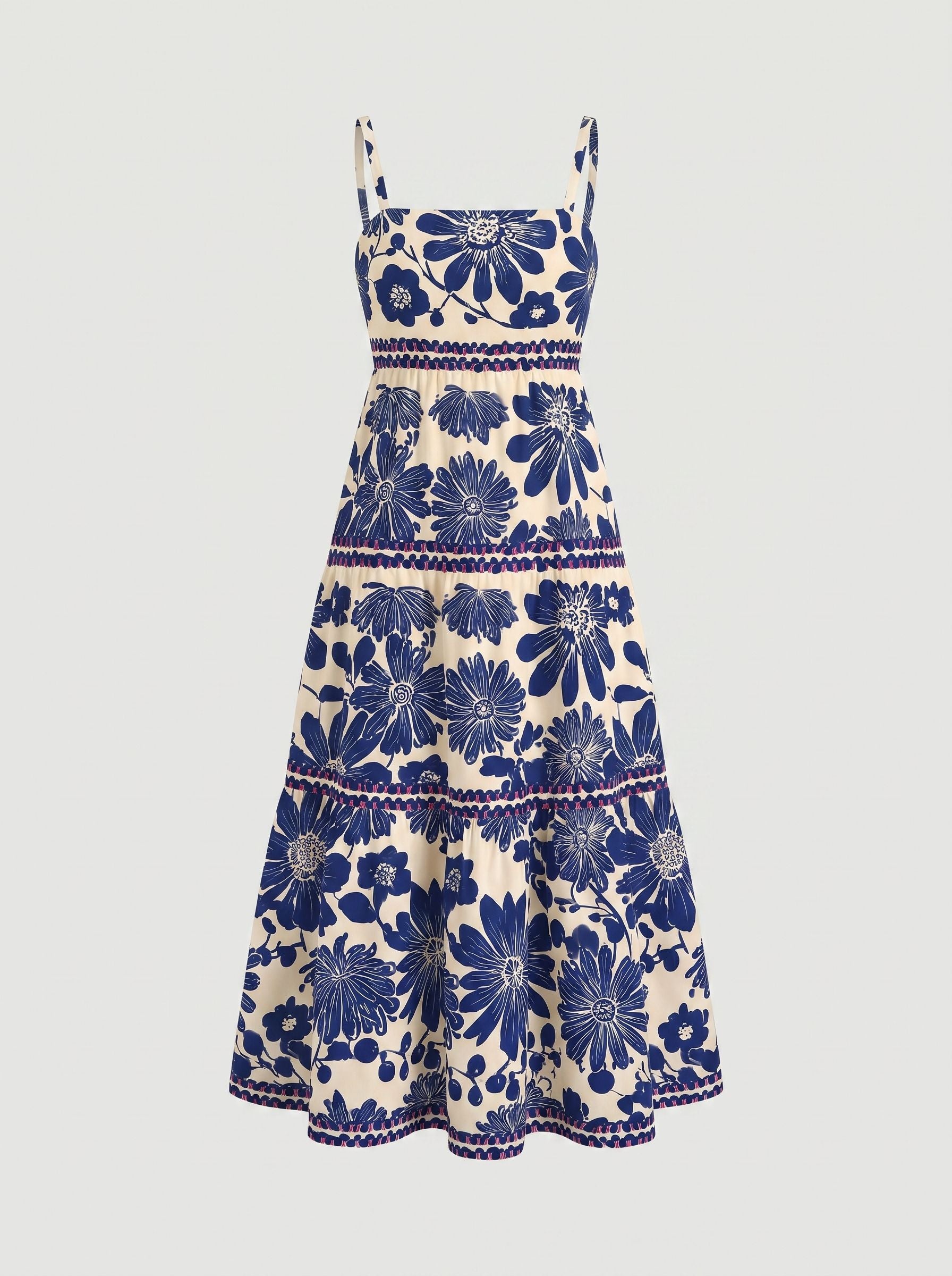 FLORA Floral Print Tiered Strap Midi Dress