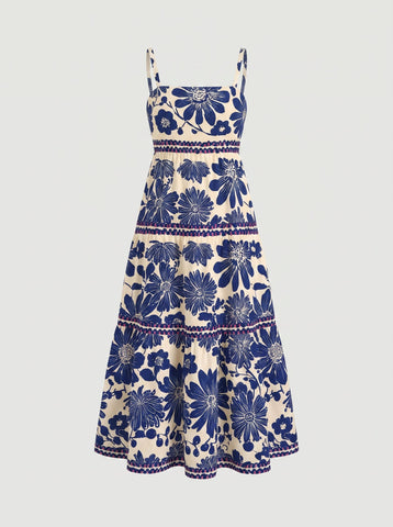 FLORA Floral Print Tiered Strap Midi Dress
