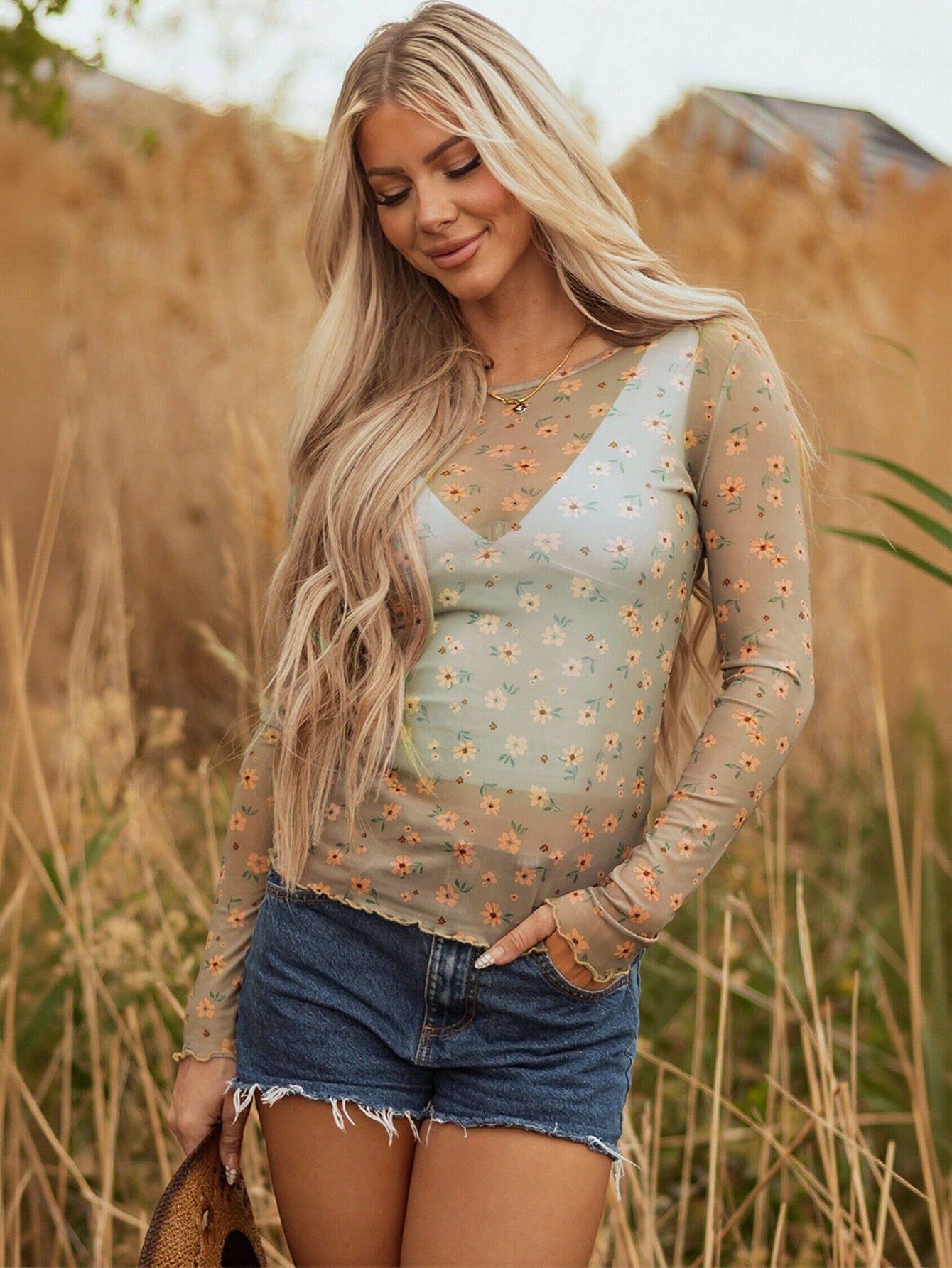 Sheer Floral Lettuce Edge Tee