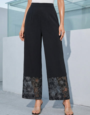 Lace-Hem High-Waisted Elegant Pants