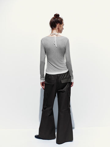 Urban Revivo Drawstring Cargo Flare Pants-Dark Gray