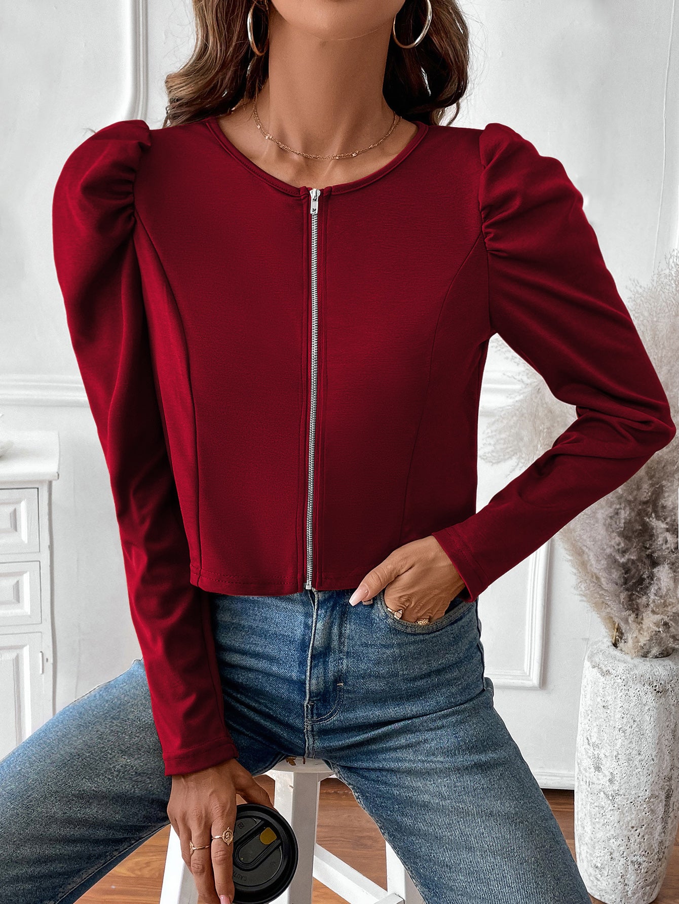 Elegant Puff Sleeve Zip Up Jacket
