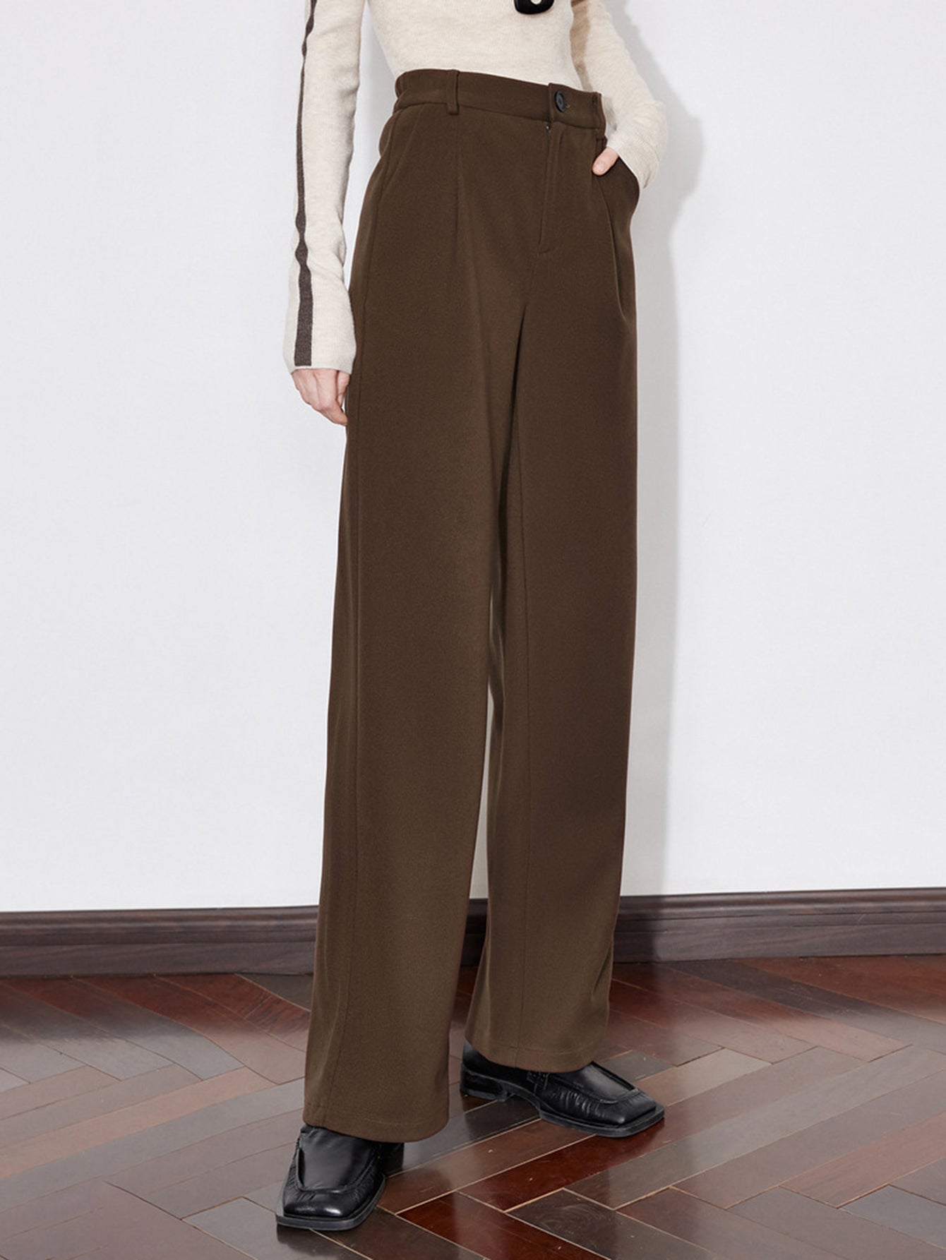 Pleated Front Button Waist Casual Pants
