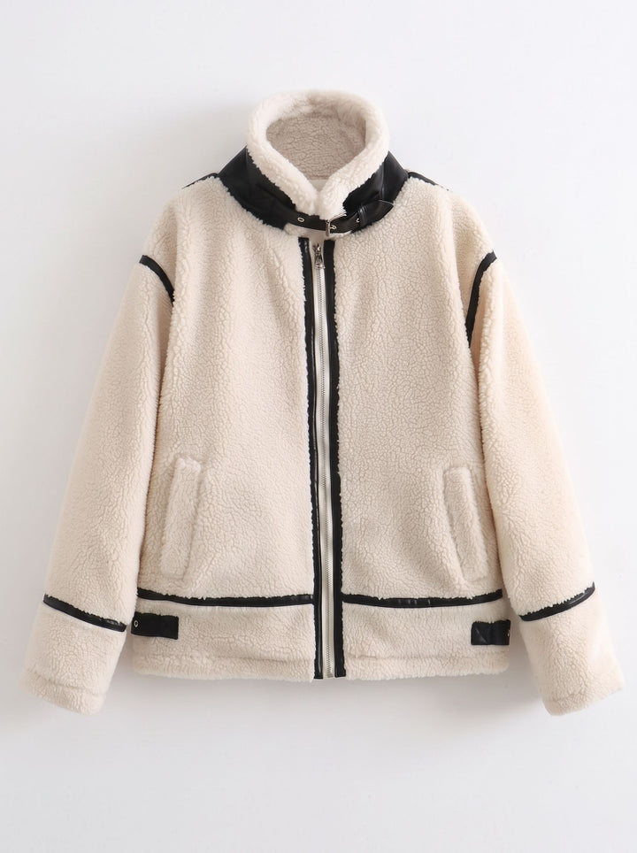 Cozy Faux Leather Trim Fleece Jacket