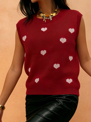 Heart Pattern Crewneck Knit Tank Top