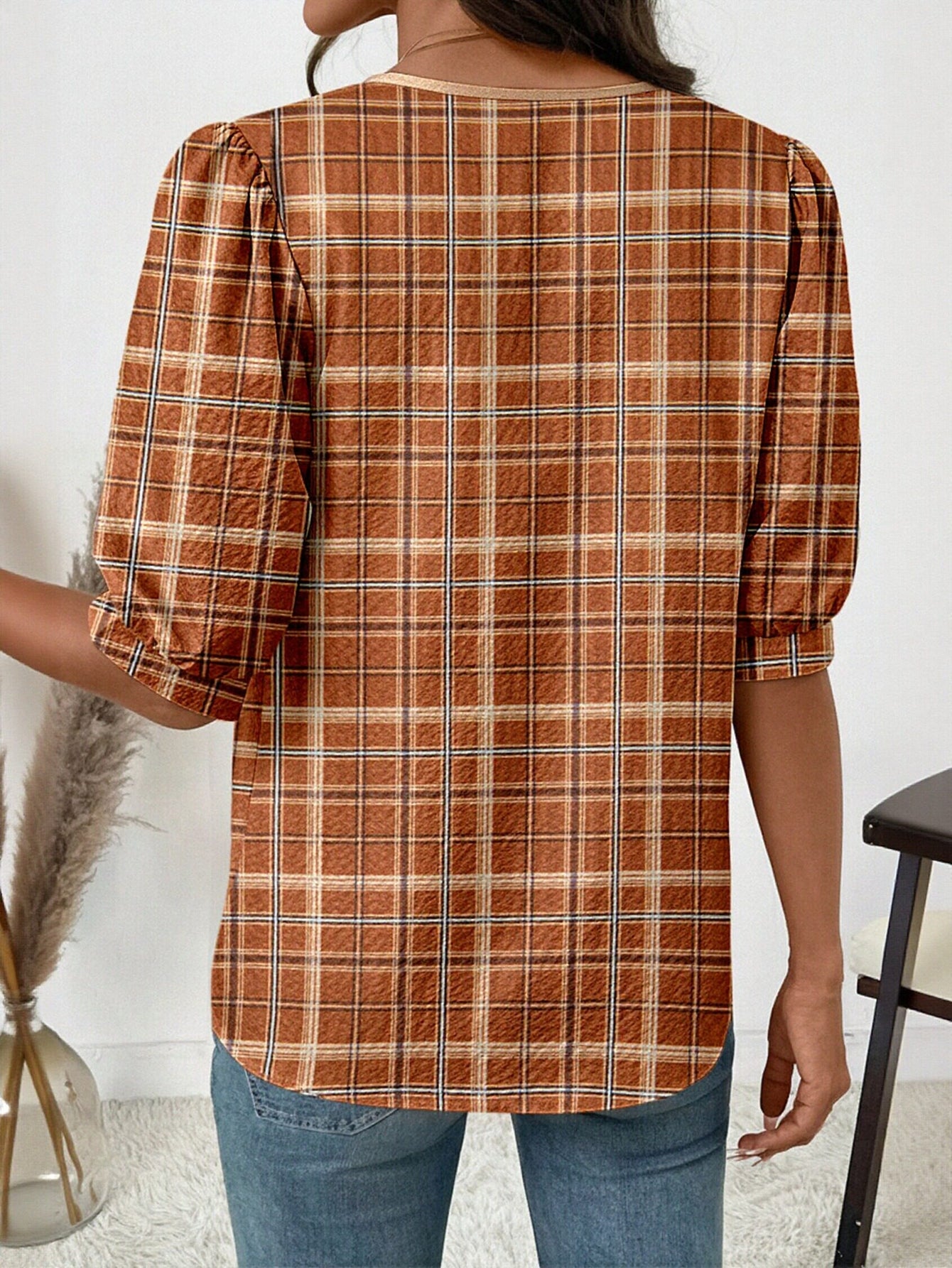 Plaid Puff Sleeve Chiffon Blouse