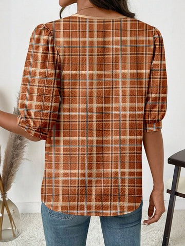 Plaid Puff Sleeve Chiffon Blouse
