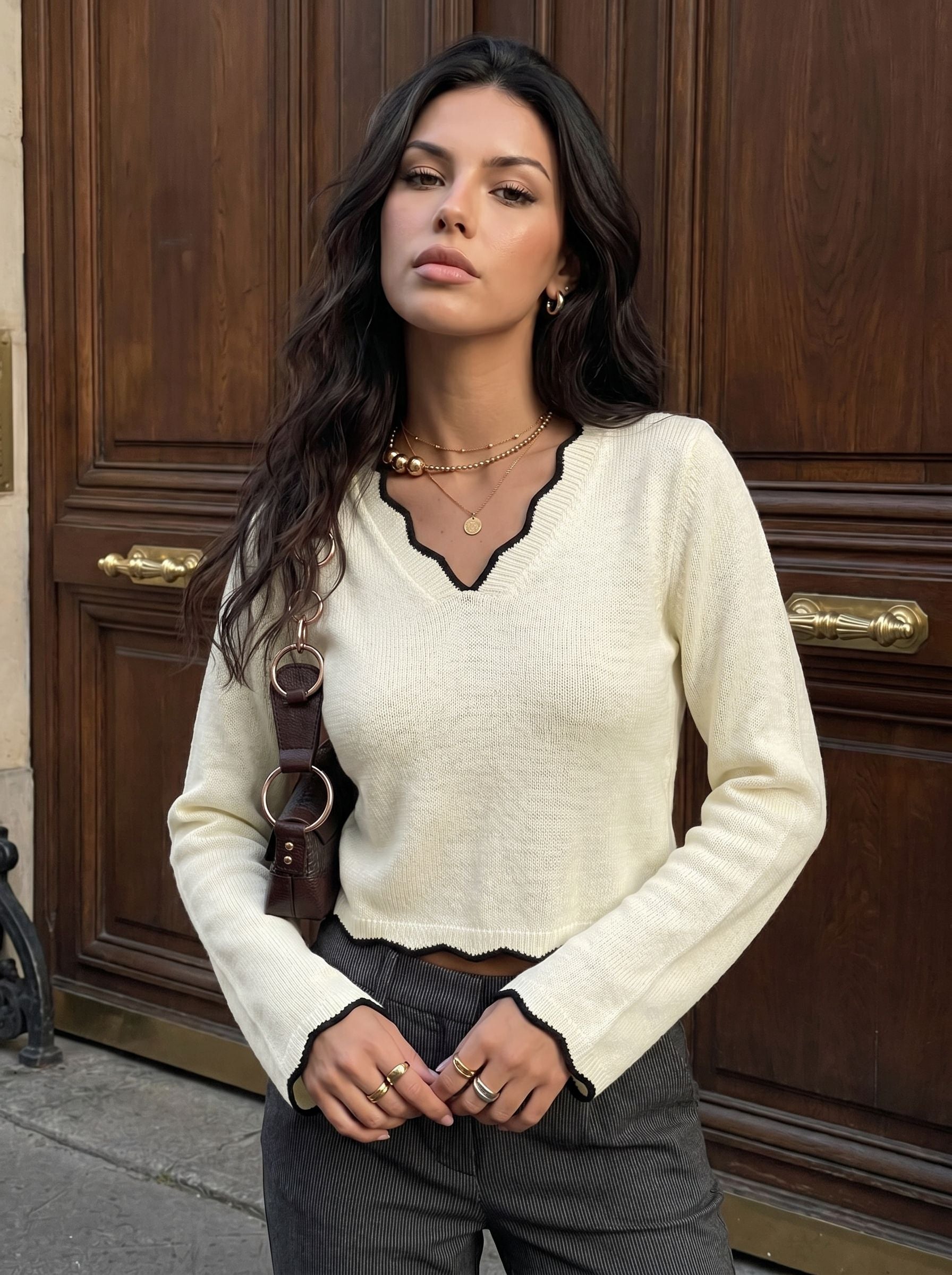 Contrast Trim V Neck Sweater