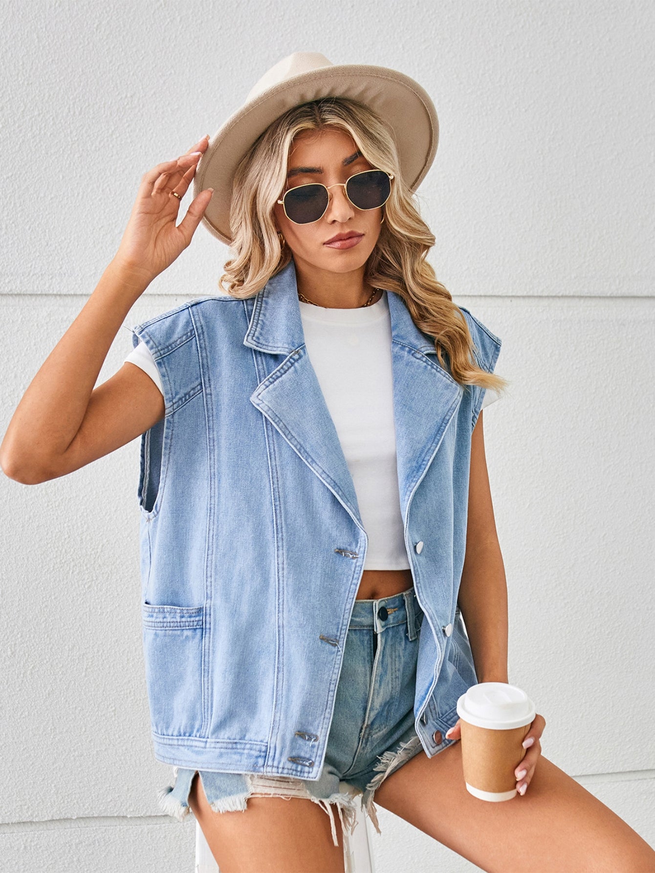 Oversized Sleeveless Light Wash Denim Vest