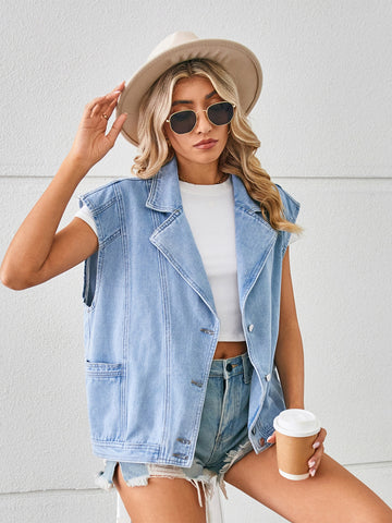 Oversized Sleeveless Light Wash Denim Vest