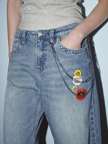 Urban Revivo Chain Detail Barrel Leg Jeans-Blue