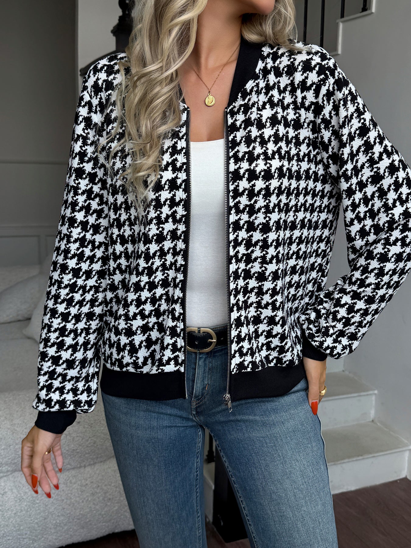 Classic Houndstooth Zip Up Bomber Jacket