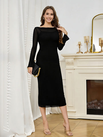 Sheer Panel Long Sleeve Bodycon Daily Midi Dress