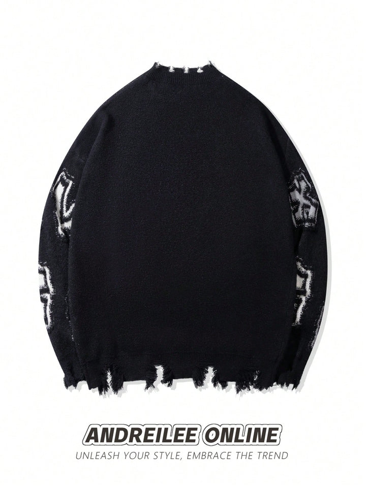 Distressed Gothic Cross Print Sweater
