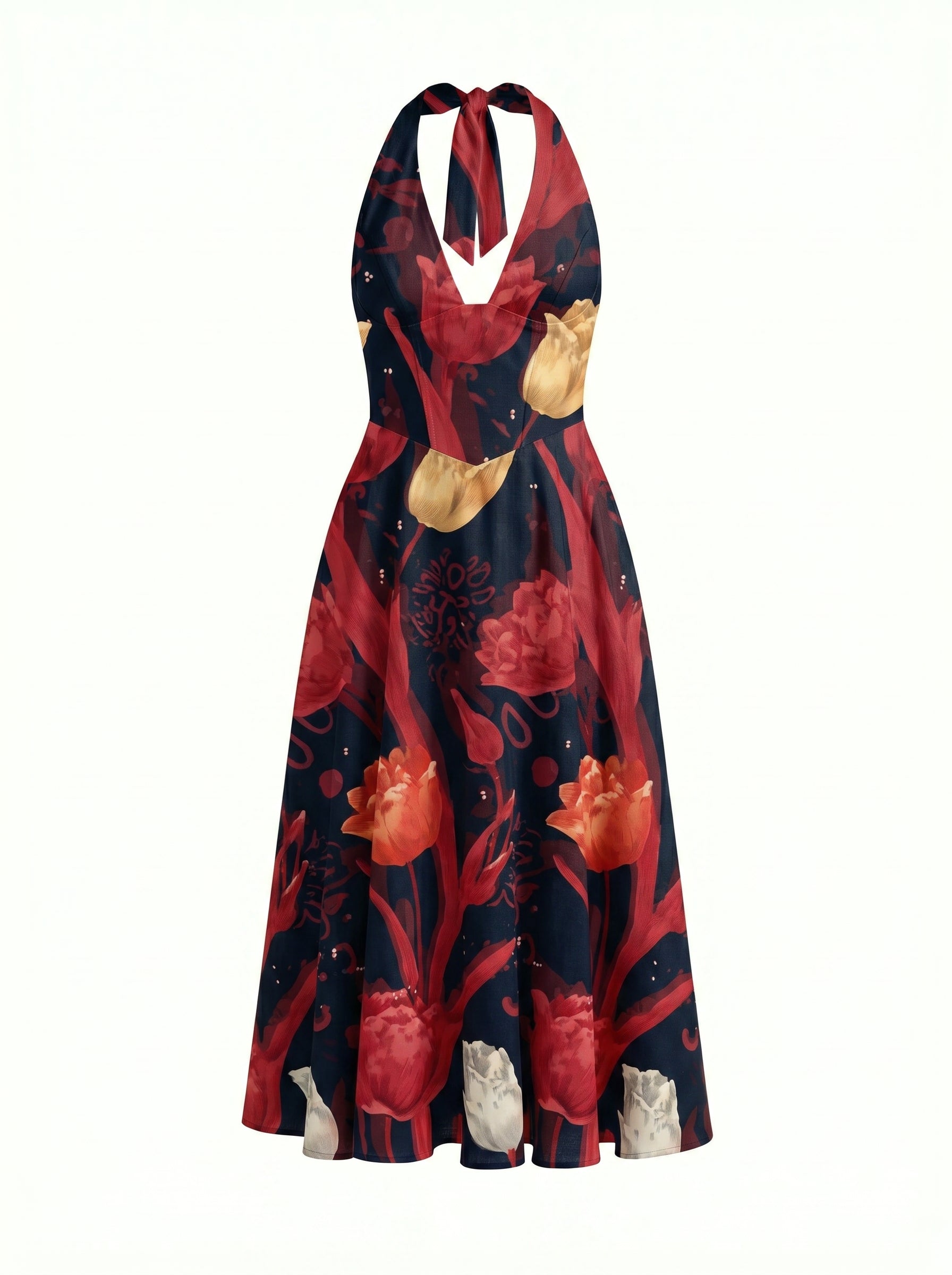 Floral Print Halter Neck Tie Back Midi Dress