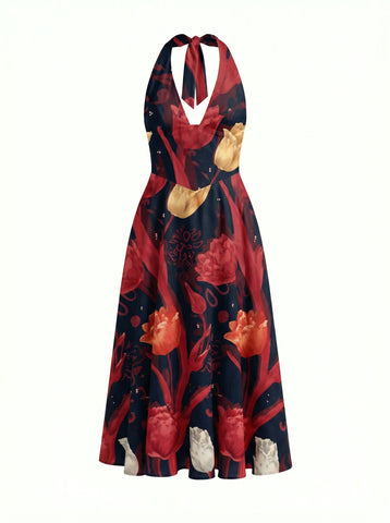 Floral Print Halter Neck Tie Back Midi Dress
