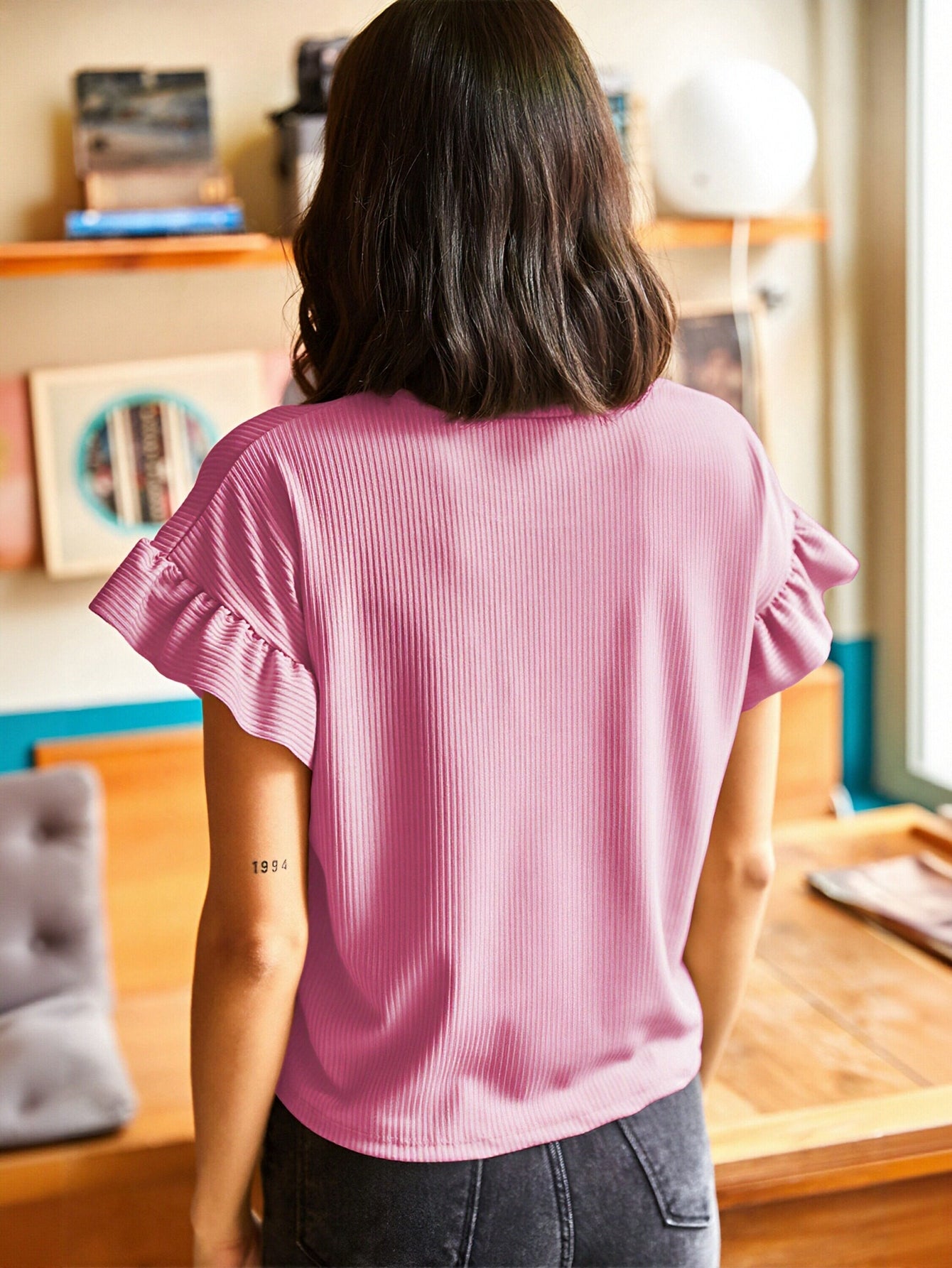 Ribbed Ruffle Sleeve Summer T-Shirt