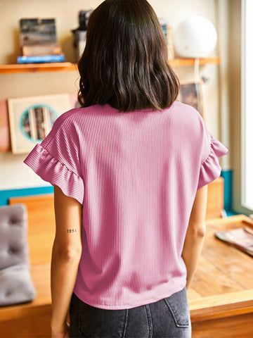 Ribbed Ruffle Sleeve Summer T-Shirt