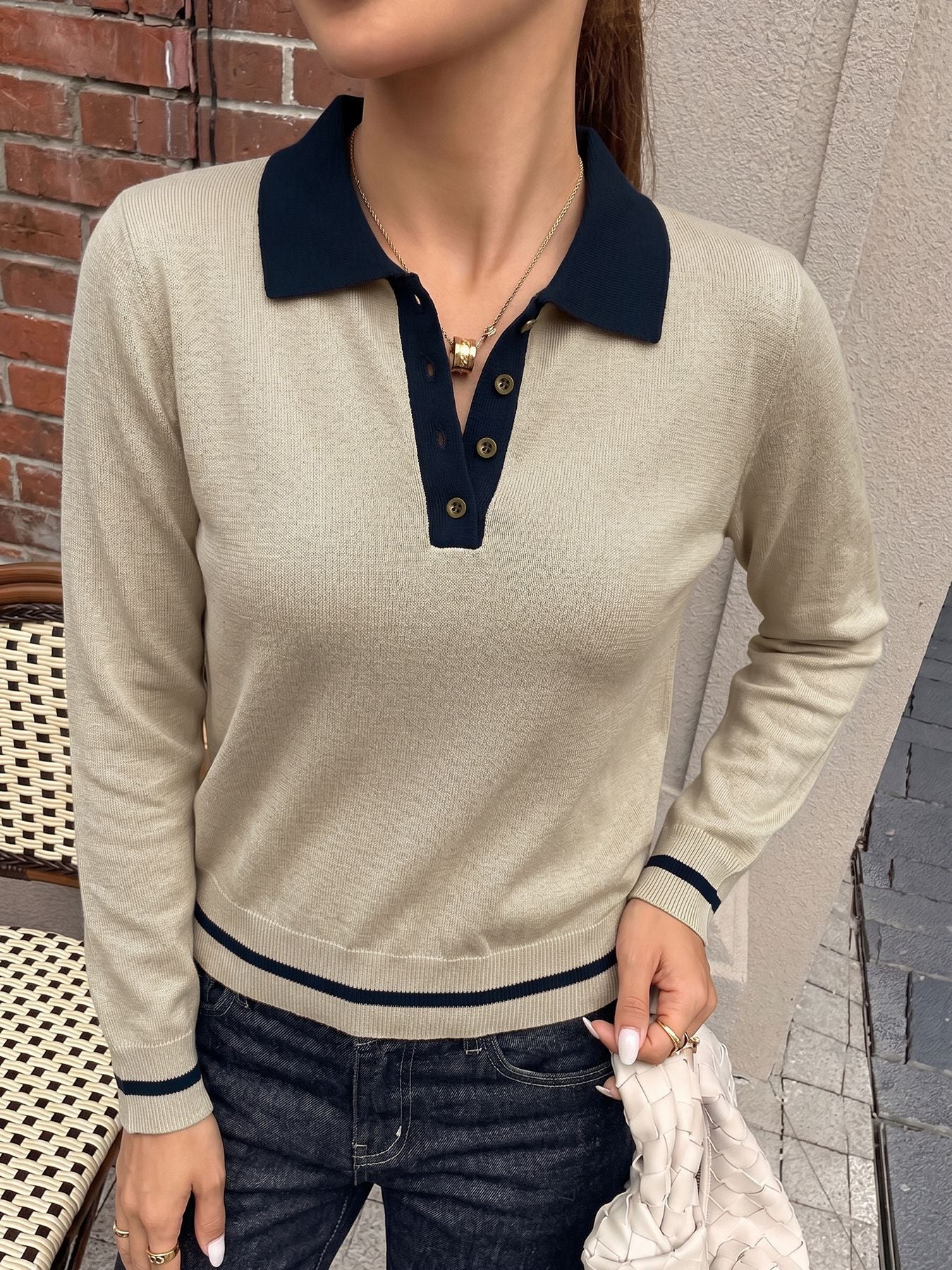 Contrast Trim Collared Knit Sweater
