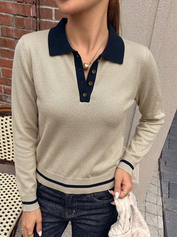Contrast Trim Collared Knit Sweater