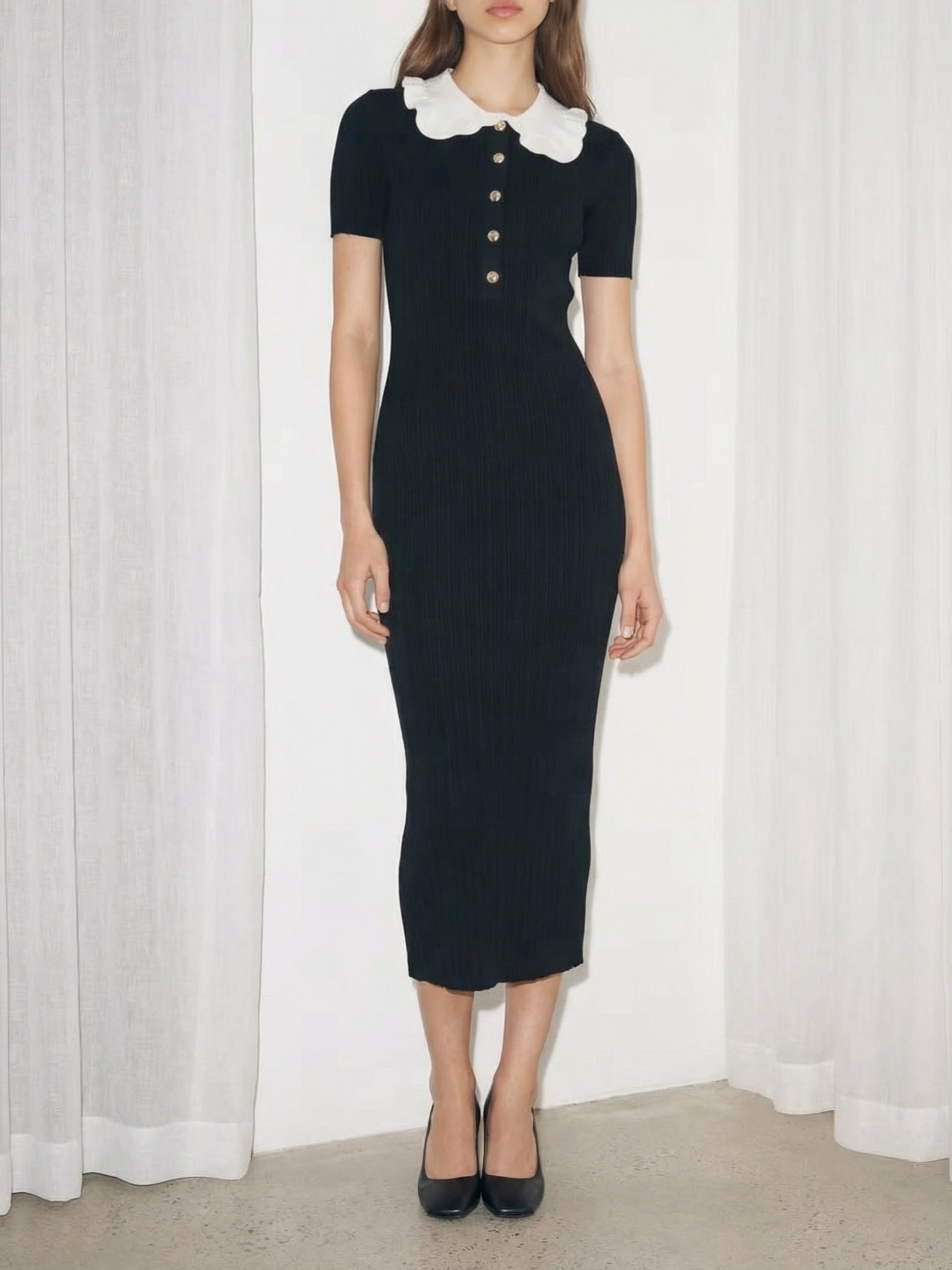 Collared Button-Front Office Lady Midi Dress