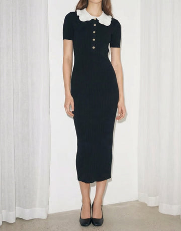 Collared Button-Front Office Lady Midi Dress