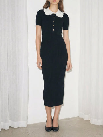 Collared Button-Front Office Lady Midi Dress