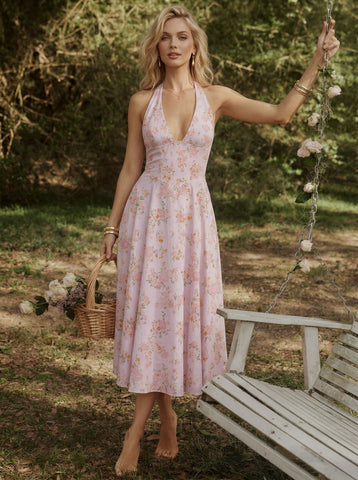 Floral Print Halter Neck Tie Back Midi Dress