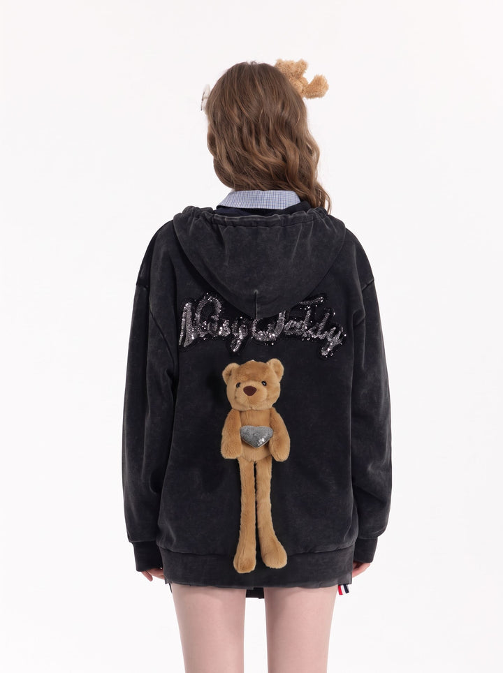 Sequin Embellished Teddy Bear Hooded Jacket