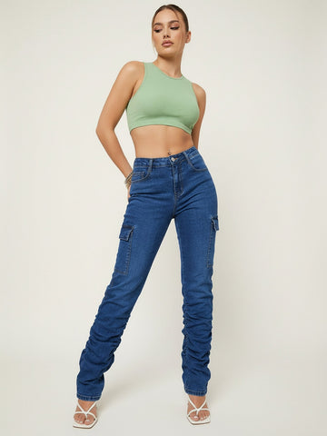 High Waisted Cargo Pocket Jeans