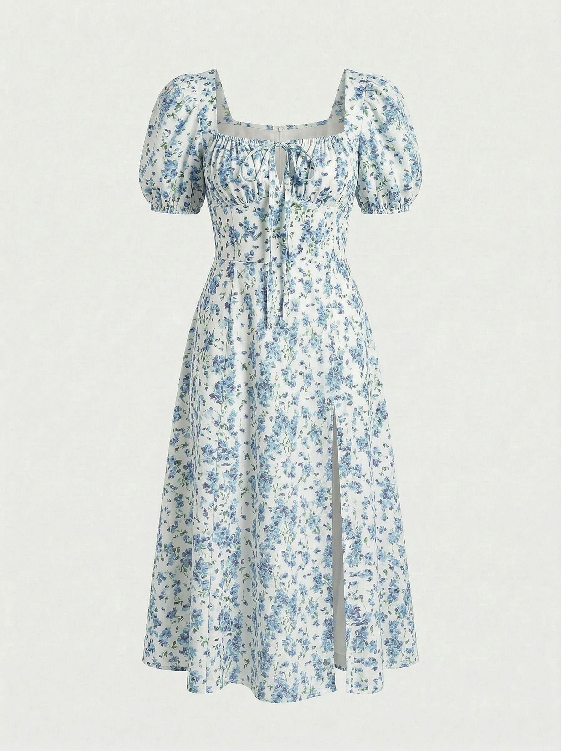 Floral Print Puff Sleeve Tie MidiDress