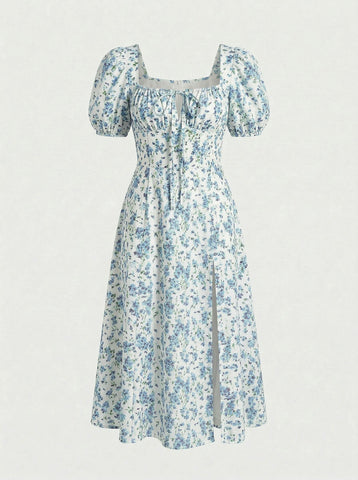 Floral Print Puff Sleeve Tie MidiDress