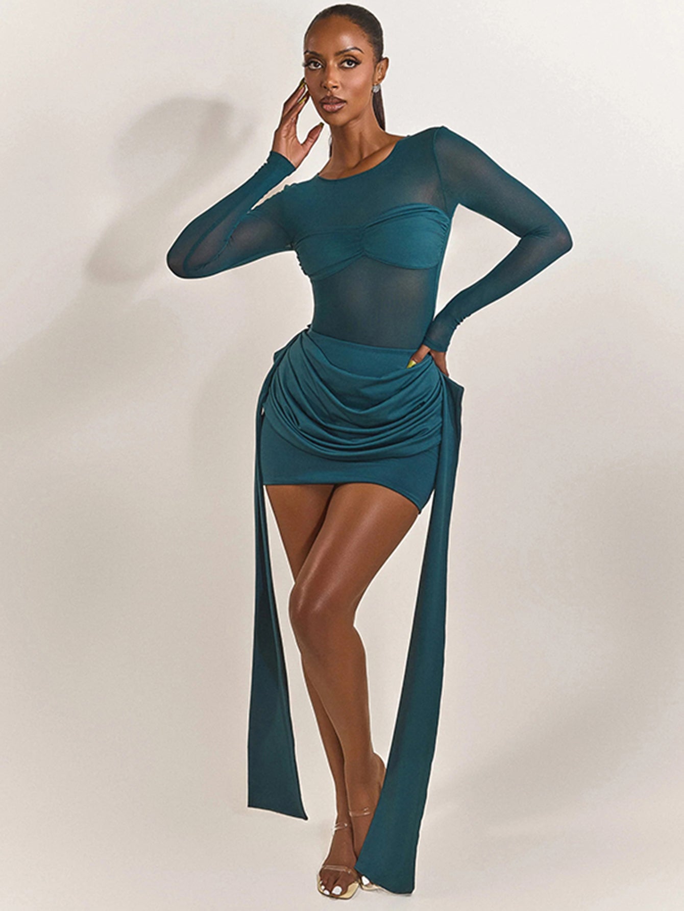 Sheer Mesh Ribbon Detail Elegant Mini Dress
