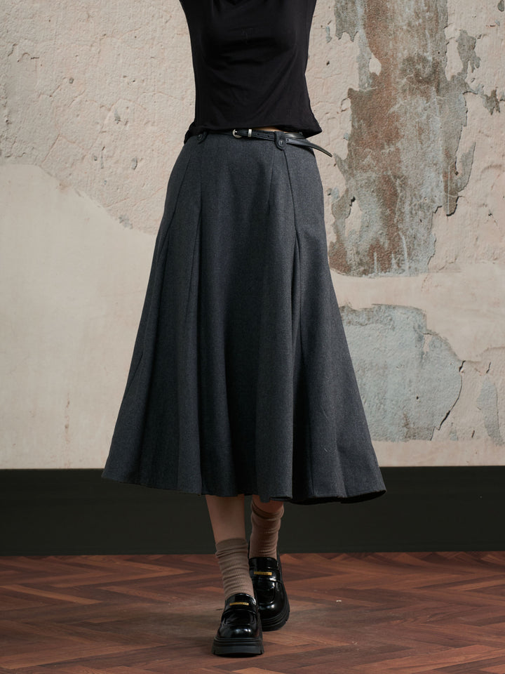 High Waisted Pleated Wool Midi Skirt