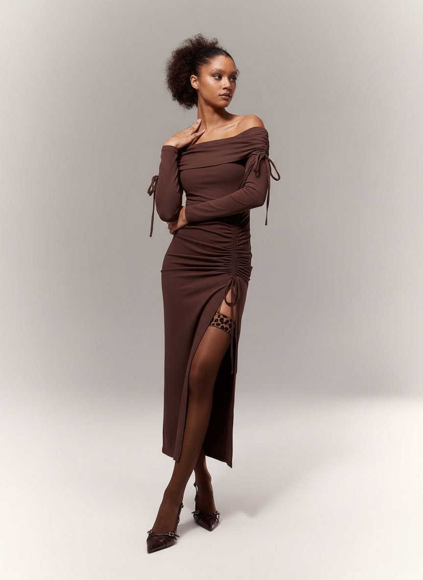 Off-Shoulder Ruched Side Slit Eleant Midi Dress-Brown