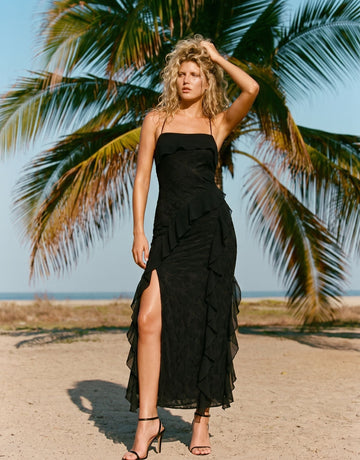 Ruffle High Slit Midi Dress