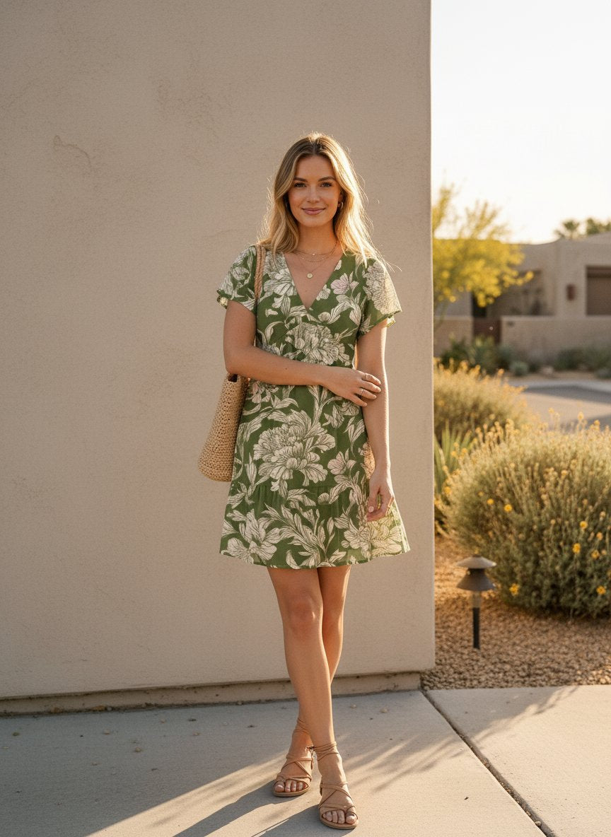 EVA Floral Print V Neck Tiered Babydoll Mini Dress