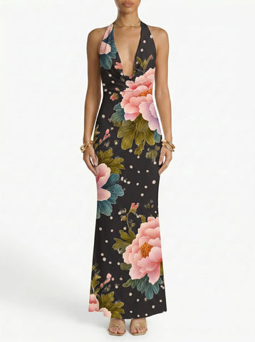 Floral Print Cowl Neck Bodycon Maxi Dress