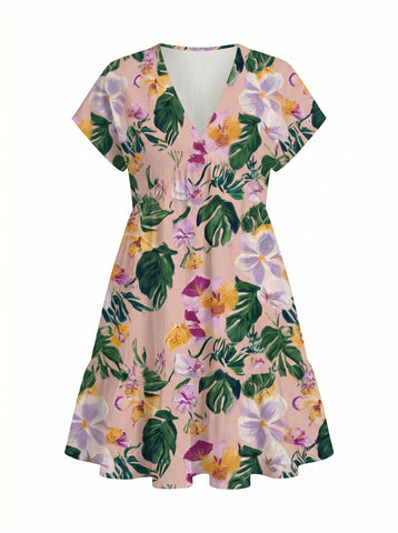 EVA Floral Print V Neck Tiered Babydoll Mini Dress