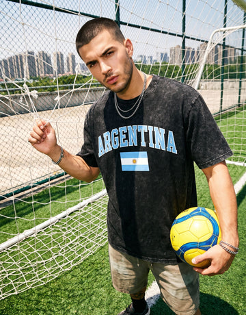 World Cup 2026 Oversized Acid Wash Argentina Graphic  T-Shirt