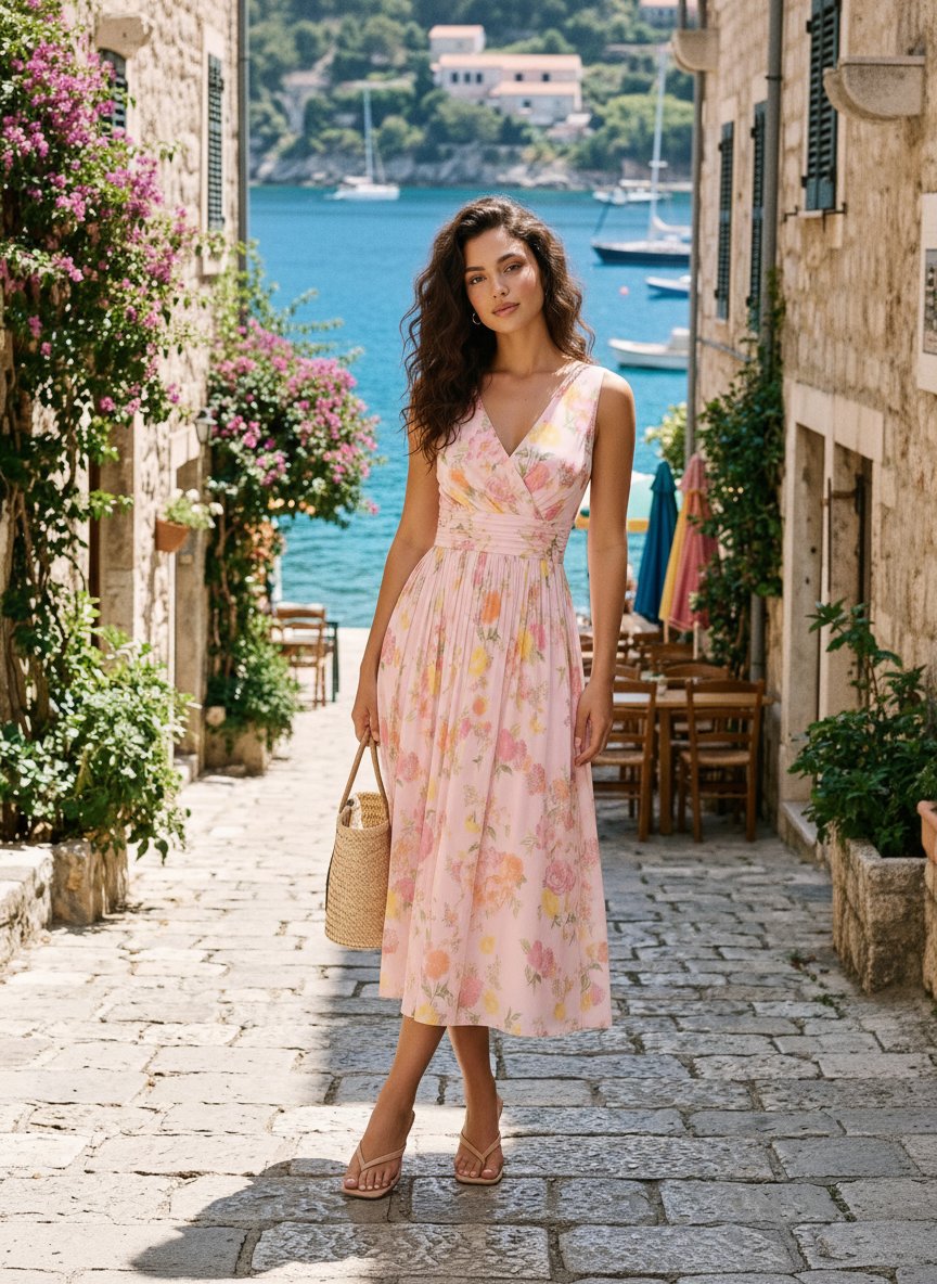 CORINNE
Floral Print V Neck A Line Midi Dress