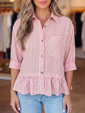 Pink Gingham Peplum Button Down Shirt