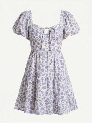AYLA Floral Print Puff Sleeve Tiered Mini Dress