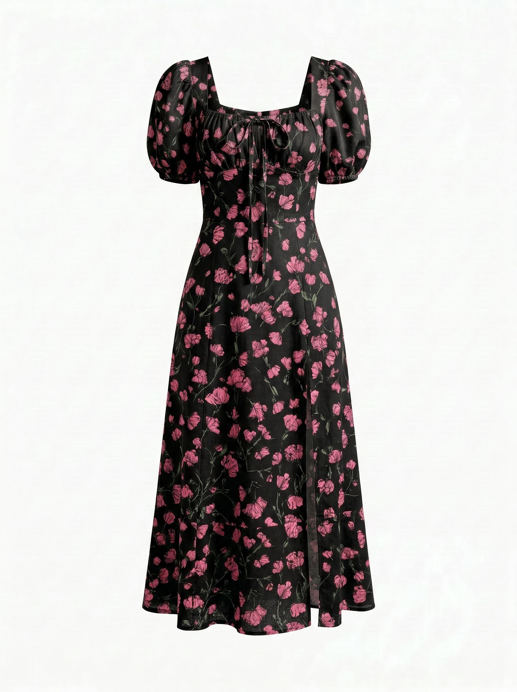 Floral Print Puff Sleeve Tie MidiDress