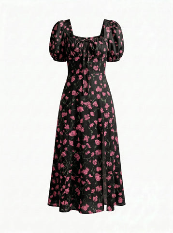 Floral Print Puff Sleeve Tie MidiDress