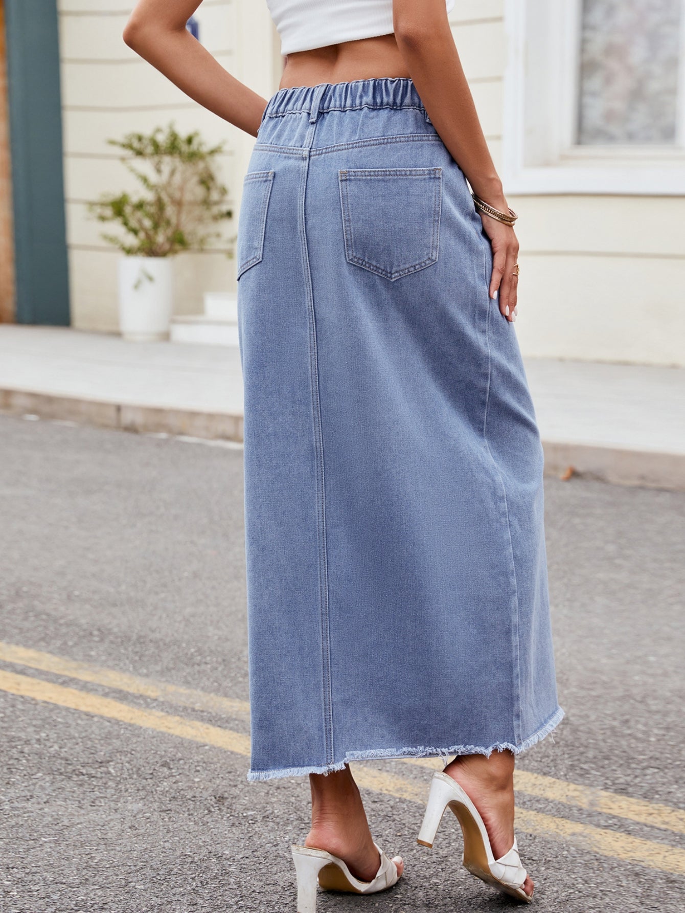 High Waisted Raw Hem Denim Skirt