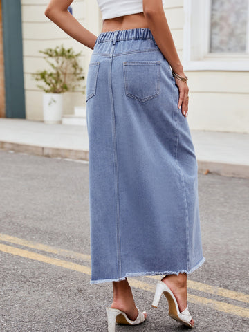 High Waisted Raw Hem Denim Skirt