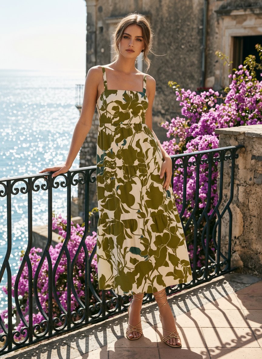 FLORA Floral Print Tiered Strap Midi Dress