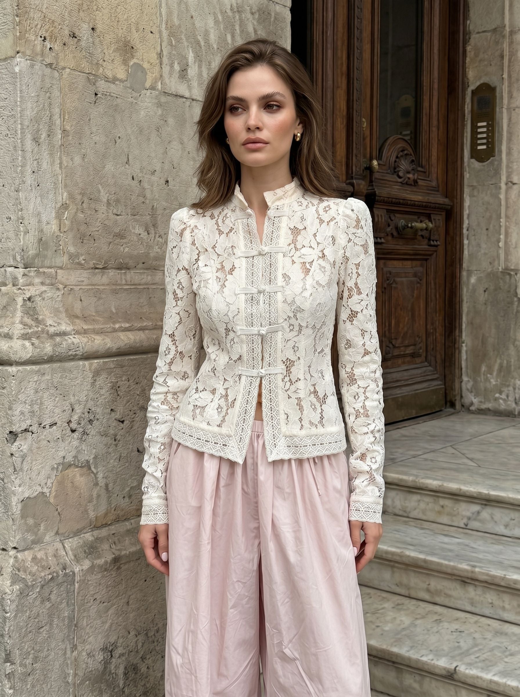 Elegant Lace Mandarin Collar Button Shirt