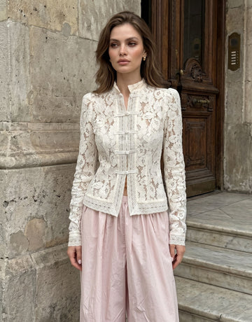 Elegant Lace Mandarin Collar Button Shirt